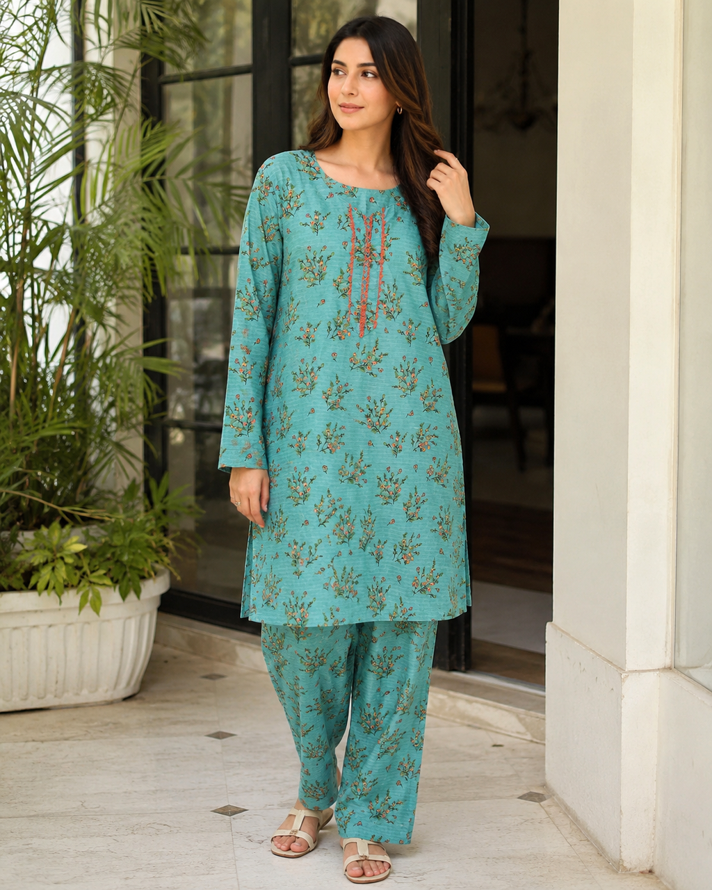 Kangan Studio Neel Co-ord Set — teal lawn print detail