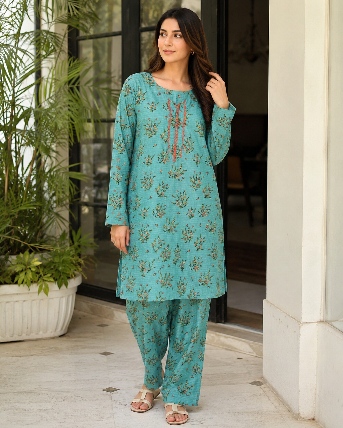 Kangan Studio Neel Co-ord Set — teal lawn print detail