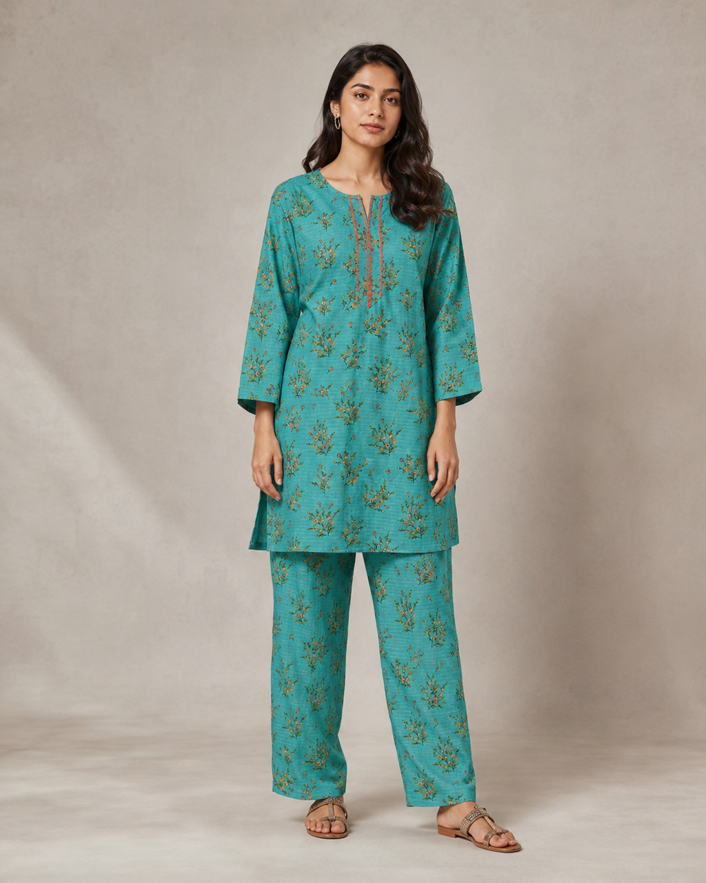 Kangan Studio Neel Co-ord Set — deep teal printed lawn two-piece, front