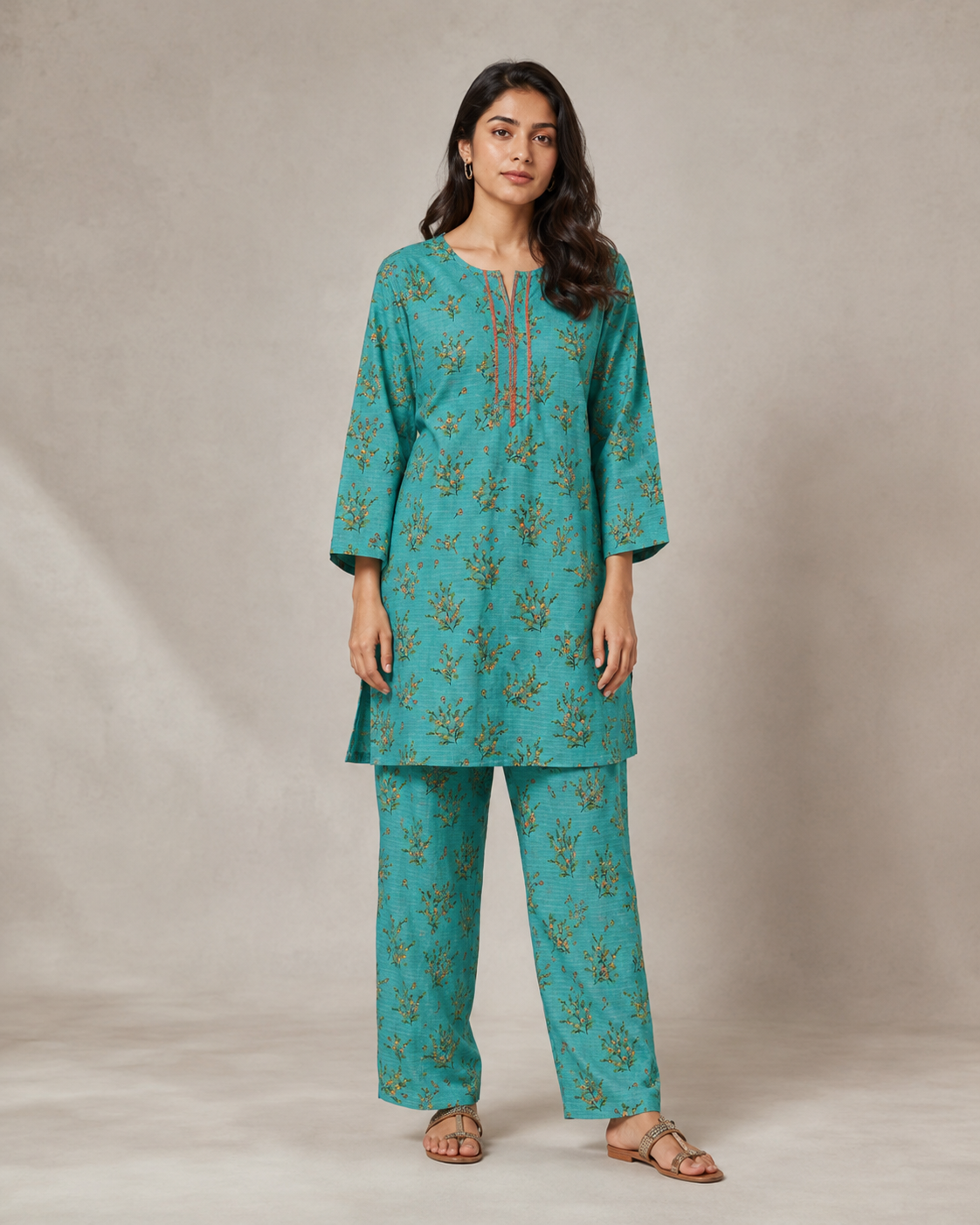 Kangan Studio Neel Co-ord Set — deep teal printed lawn two-piece, front
