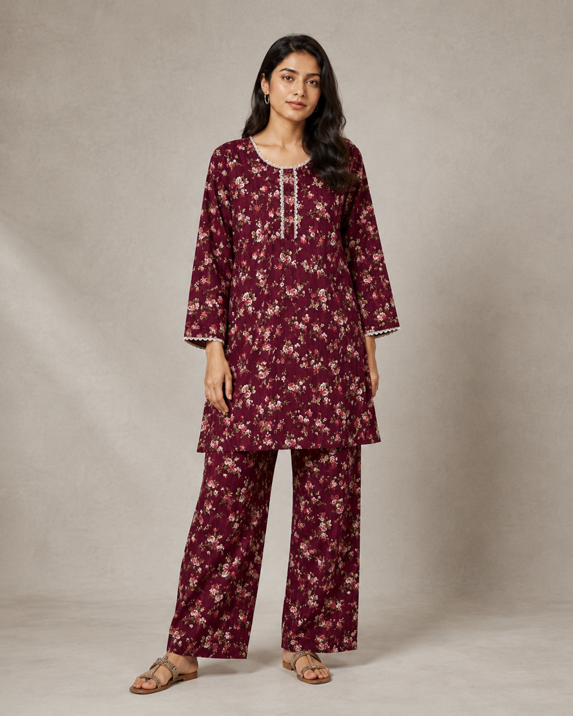 Kangan Studio Gulab Co-ord Set — burgundy rose print lawn two-piece, front