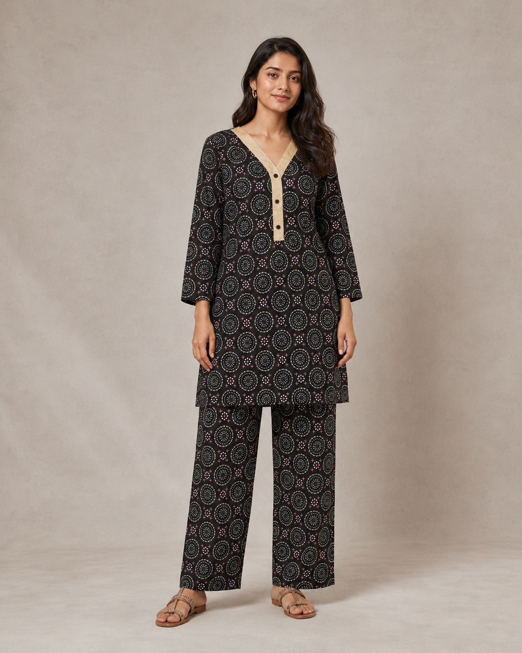 Kangan Studio Chakkar Co-ord Set — charcoal geometric mandala lawn, front