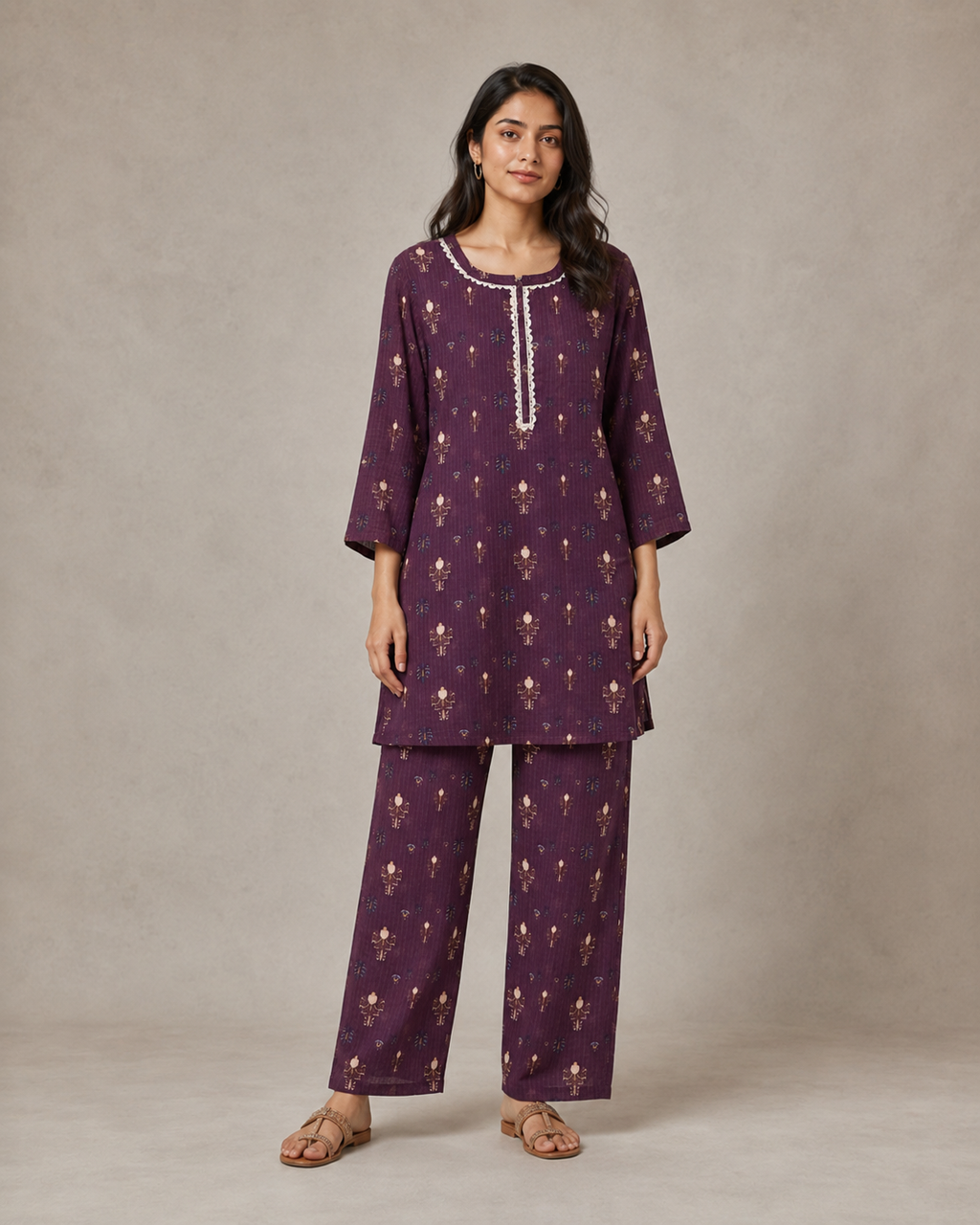 Kangan Studio Anaar Co-ord Set — plum printed lawn with lace neckline, front