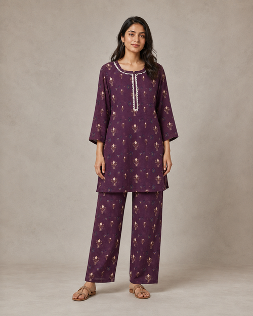 Kangan Studio Anaar Co-ord Set — plum printed lawn with lace neckline, front