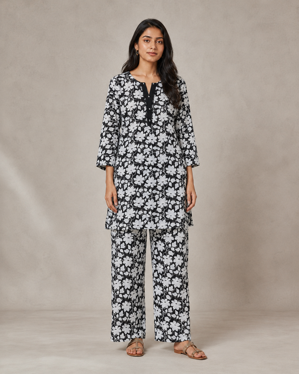 Kangan Studio Shab Co-ord Set — black and white floral lawn two-piece, front