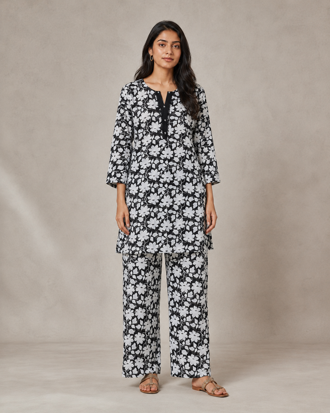 Kangan Studio Shab Co-ord Set — black and white floral lawn two-piece, front