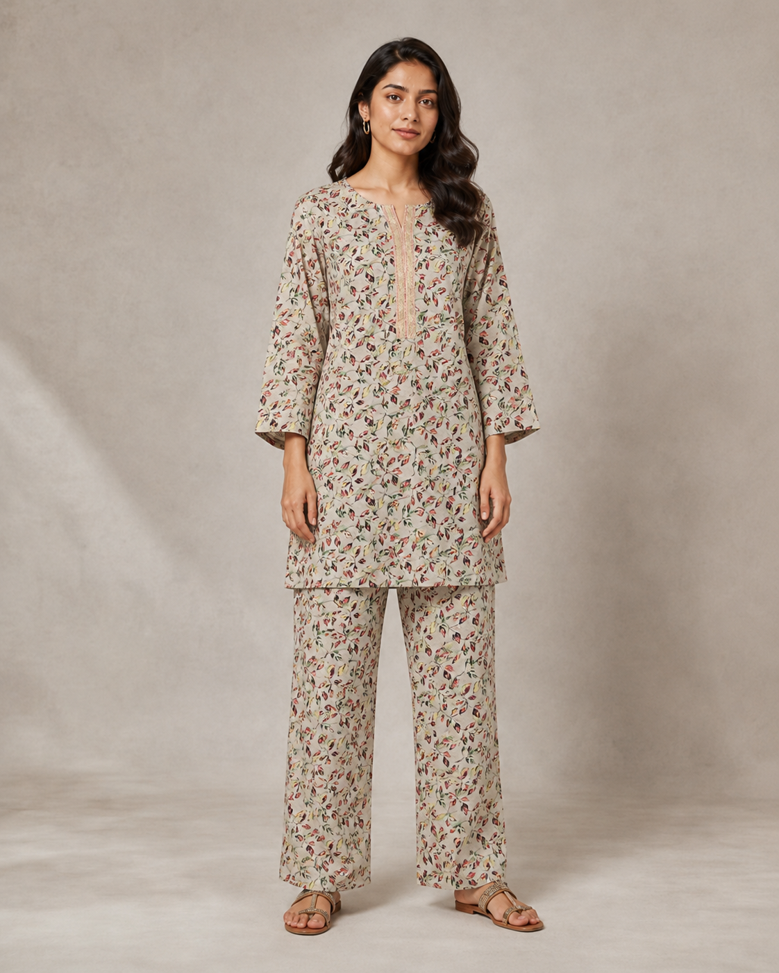 Kangan Studio Barg Co-ord Set — stone botanical print lawn two-piece, front